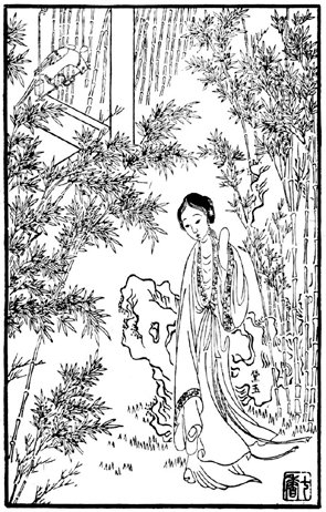 260 Neznámý mistr, Scéna z románu Sen v červeném domě, kolem roku 1791, dřevořez, ilustrace k vydání románu Cchao Süe-čchina (1715 1764) Sen v červeném domě (Chung-lou meng, polovina 18.