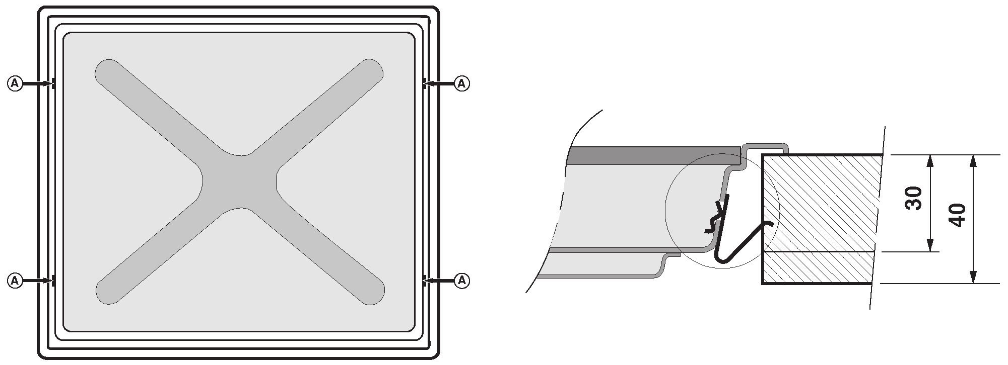 Rozměry a poloha výřezu jsou znázorněny na obrázku. Uvedené rozměry je nutno přesně dodržet, neboť nesprávně zabudované zařízení může způsobovat přehřívání okolní plochy.