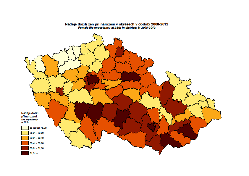 Naděje dožití při narození v okresech ČR v období 28-212 muži, ženy okresokresy muži MSK ženy Bruntál 72,6 79,4