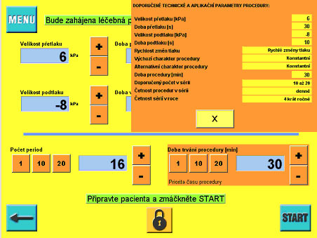 Objeví se nám nabídka biotropních parametrů vhodné léčebné procedury (tzv. předstartovní stav ), kde můžeme zvolit vyjádření tlaků v jednotkách kpa nebo mmhg (viz tlačítka s označeními mmhg, kpa).