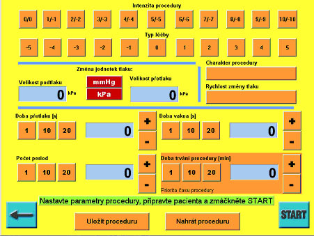Sestavený uživatelský program s parametry podtlak 11 kpa / přetlak + 7 kpa; doba přetlaku 25 sekund, doba podtlaku 15 sekund ; charakter procedury nárazový ; změny tlaku rychlé;