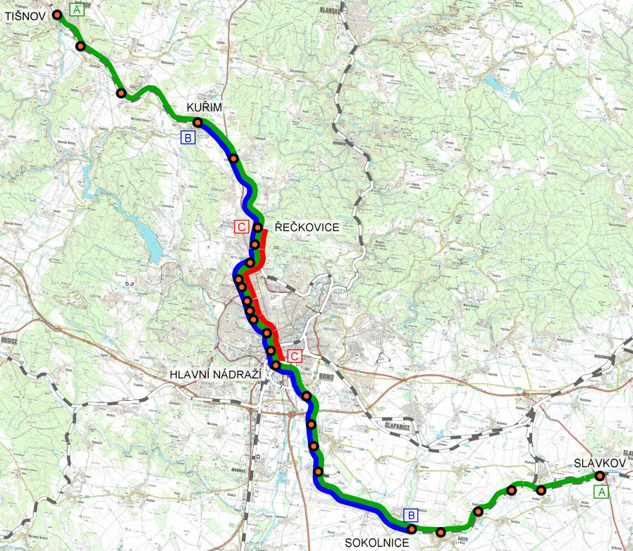 Obrázek B.4 Linky SJKD cílový stav V úseku Tišnov kovice je trasa SJKD vedena po stávající dvoukolejné železni ní trati, nov navržený úsek mezi kovicemi a ernovickým hájkem je rovn ž dvoukolejný.