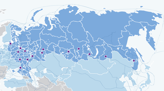 Na území Ruské federace Transcontainer vlastní 15 poboček (viz obrázek 4 - zvýrazněné fialové čtverce), pokrývajících celou síť ruských železnic, 46 kontejnerových terminálů ve všech hlavních