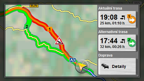 Nové vygenerování: Na vyžádání Zvolili-li jste hodnotu Na vyžádání, na tlačítku se zobrazí vzdálenost až po oznámené dopravní omezení. Od vzdálenosti menší než 50 km bude mít tlačítko červenou barvu.