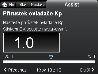 Čeština (CZ) 8.6.4 "Nastavení ovladače" Změna hodnot zesílení a integrační časové konstanty ovlivní všechny režimy řízení.