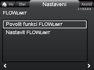 8.6.5 "FLOWLIMIT" 8.6.6 "Automat. noční redukov. provoz" Navigace "Home" > "Nastavení" > "FLOWLIMIT" "FLOW LIMIT " "Povolit funkci FLOWLIMIT" "Nastavit FLOWLIMIT". Nastavení: 1.