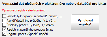 Nulování (mazání dat) elektroměru Lišta pro nulování registrů elektroměru EME-303 se objeví po stisku tlačítka Vymazat : Vyberte položky pro vymazání a stiskněte tlačítko: Vynulovat registry!