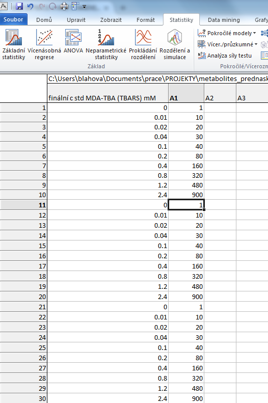 1. vytvořit soubor (koncentrace kalibracnich roztoků x plocha píku) ve statistice (import z.xls) 2. vybrat "vícenásobná regrese" 3.