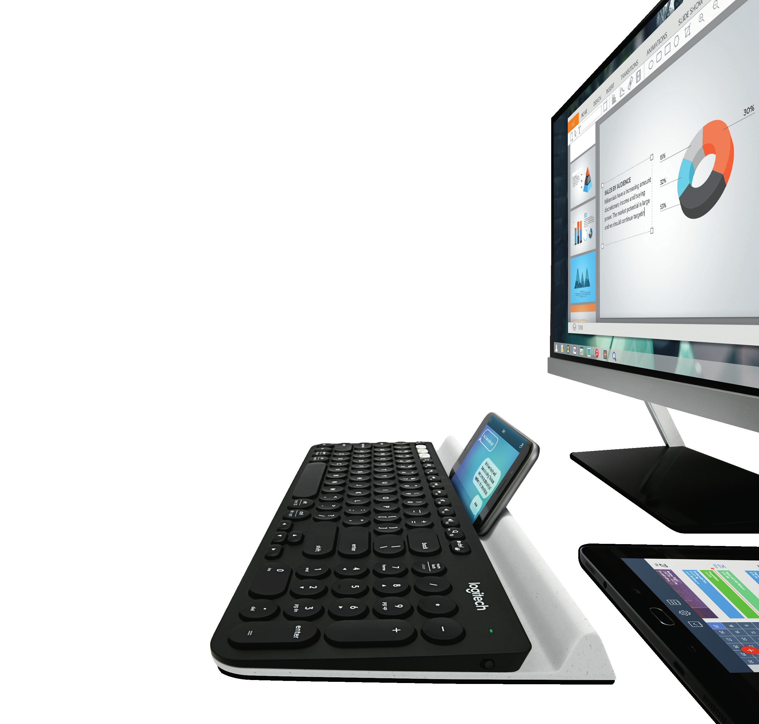 K780 MULTI-DEVICE KEYBOARD Jedna klávesnice. Plně vybavená. Pro počítač, telefon a tablet.