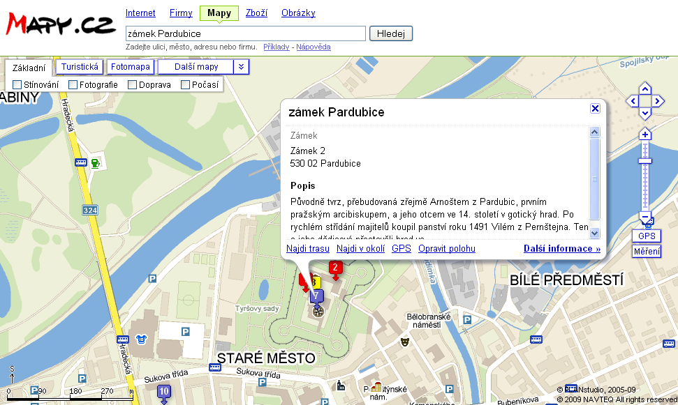 Jako názorný příklad jsem si na Mapy.cz vyhledala Zámek Pardubice, což je znázorněno na Obrázku 3. Zde se mi zobrazila tzv.