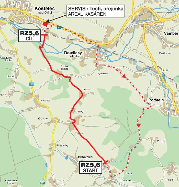 ve 13.15 hod., start 1. posádky do RZ5 začal v 13.30 hod. a v 15.00 hod. startovala 1. posádka do RZ6.