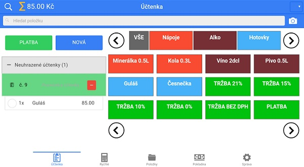 Vyhledávání Vyhledávání Pro vyhledávání položek v sekci Účtenka slouží ikona lupy zobrazující se v levém horním rohu.
