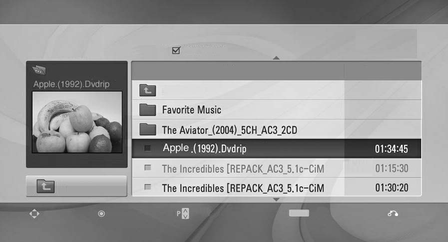 Prvky obrazovky MENU Vyberte možnost USB. Vyberte Seznam videosouborů Přejde o úroveň výše Aktuální strana/celkem stran Celkový počet označených filmových titulů.
