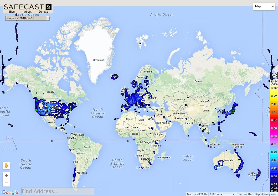 SAFECAST mapa svět a detail