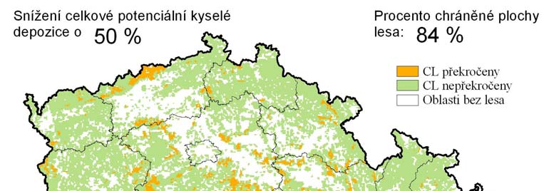 Predikce podílu chráněné plochy lesa (%) při snížení celkové potenciální kyselé depozice o 50 % (vzhledem k roku 2000). Snížení celkové potenciální kyselé depozice o 50 % chrání 84 % plochy lesa.