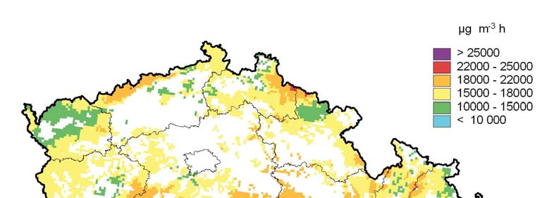 Hodnocení účinnosti opatření expoziční index AOT40 Expoziční index AOT40 pro ozon na území lesní ekosystémů ČR v průběhu vegetačního období (duben-září) 2001