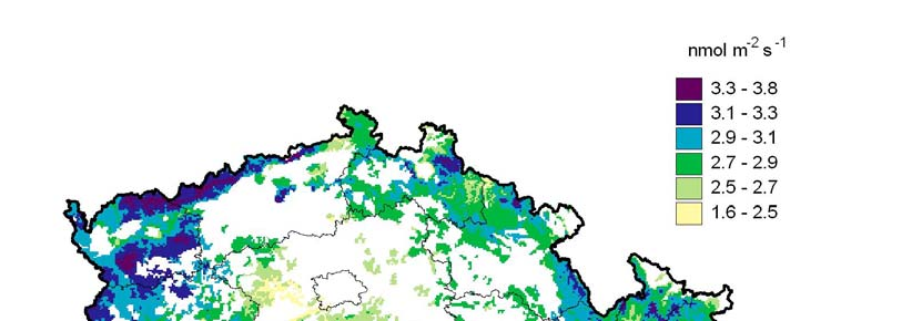 Hodnocení účinnosti opatření - depoziční tok přízemního ozonu Průměrný depoziční tok přízemního ozonu v lesních ekosystémech ČR v průběhu vegetačního období (duben-září)