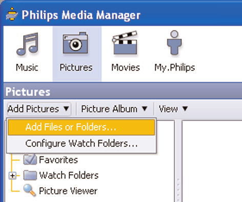 Přidání souboru do programu Philips Media Manager (PMM) & Vyberte PMM v nabídce Start nebo