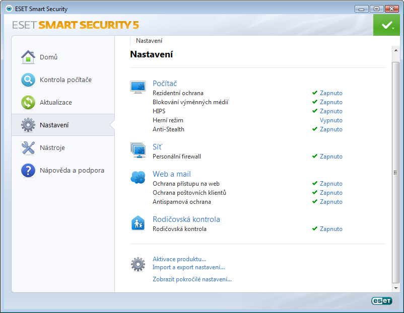 4. Práce s ESET Smart Security Na záložce Nastavení v ESET Smart Security můžete upravovat úroveň zabezpečení vašeho počítače a sítě.