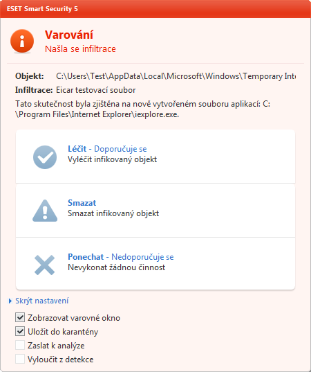 Poznámka: Pokud je soubor s infiltrací výhradně otevřen jinou aplikací nebo systémovým procesem, může nastat situace, kdy nebude vymazán okamžitě, ale až po restartu počítače.
