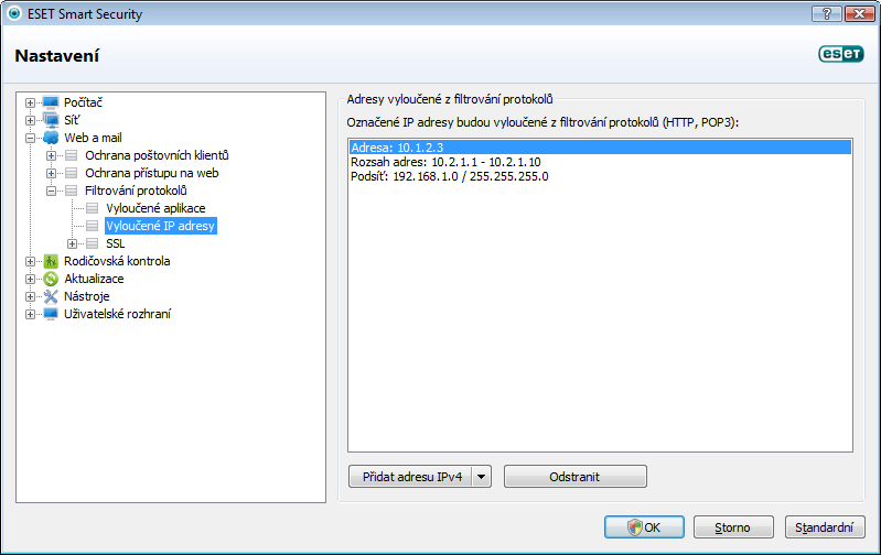 4.3.4.3 Vyloučené IP adresy IP adresy uvedené v seznamu budou vyloučeny z filtrování protokolů. Oboustranná komunikace protokolů HTTP, POP3, zda IMAP nebude kontrolována.