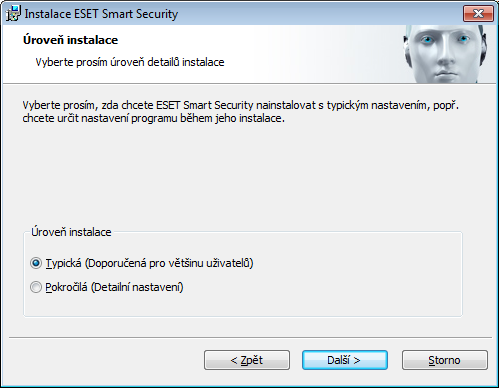 2. Pokud jde o novou instalaci ESET Smart Security, zobrazí se po přijetí licenčních podmínek následující okno. Můžete si vybrat mezi možnostmi Typická instalace nebo Pokročilá instalace. 2.