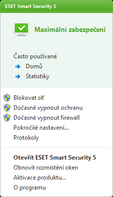 4.7.5 Programové menu V hlavním programovém menu se nacházejí některé z nejdůležitějších konfiguračních možností a funkcí. Často používané Nejčastěji používané součásti ESET Smart Security.