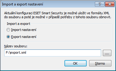 5.2 Import a export nastavení Import a export nastavení ESET Smart Security je přístupný v části Nastavení. Import a export nastavení využívá soubory typu XML.