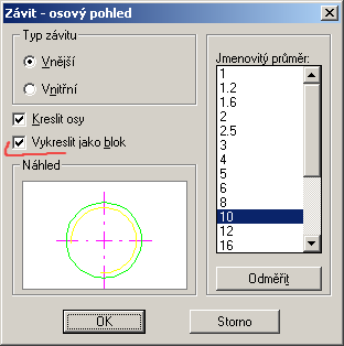 Konstrukční pomůcky Při generování závitů, drážek pro pero, hřídele apod. je možné nastavit, zda se má výsledný prvek sestavit do bloku. Kreslení čar přerušení U čár přerušení (tzv.