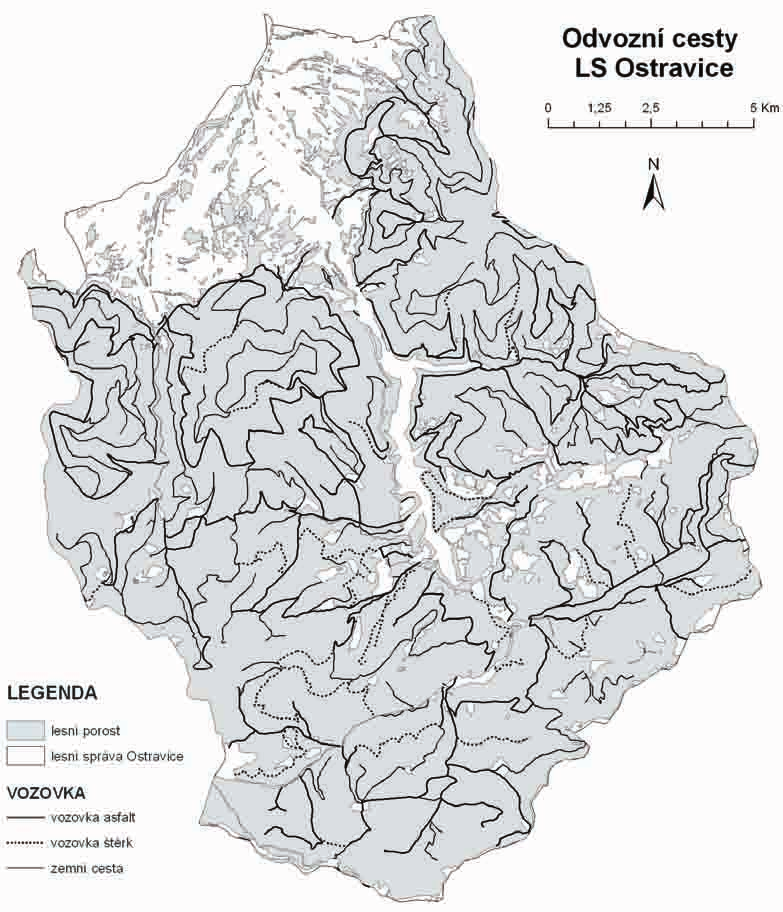 Obr. 1. Síť odvozních cest lesní správy Ostravice Fig. 1. Network of main logging roads under forest district Ostravice.