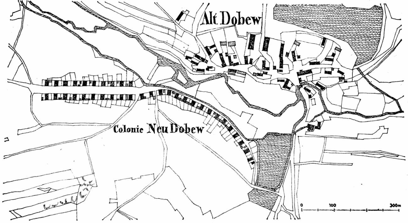 5 Výsledky 5.1 Historické uspořádání sídel, jejich vývoj a prvky lidové architektury 5.1.1 Dobev Dobev je obcí, která je utvořena ze dvou sídelních celků, ze Staré a Nové Dobevi.