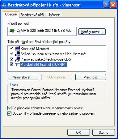Na kartě Obecné by měla být položka Protokol sítě Internet (TCP/IP).