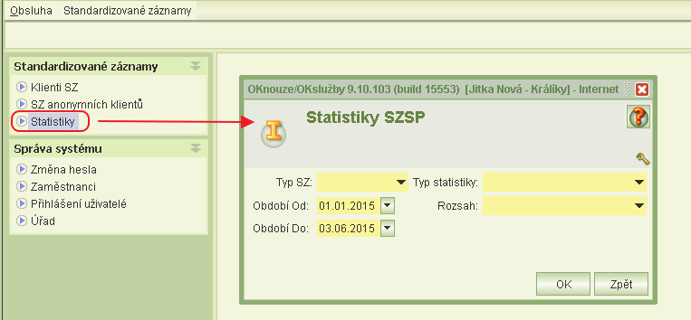 6 STATISTIKY Z hlavního menu aplikace se spouští úloha pro vytváření statistik: Obsluha zvolí typ SZ (anonymní / neanonymní) typ statistiky (Celkové počty SZ / SZ podle cílových skupin / Počty