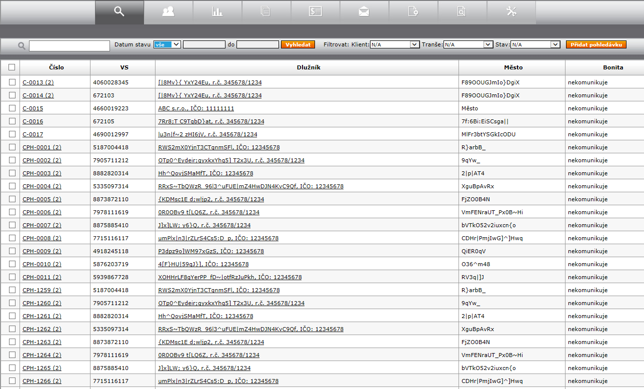 Zobrazený výběr je možné filtrovat na balík, tranši a stav pohledávky. Pohledávky je také možné filtrovat podle data poslední změny stavu pohledávky.