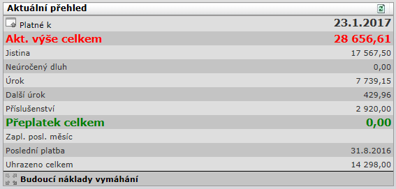 Aktuální přehled ukazuje aktuální výši pohledávky dle kategorií dluhu. Výpočet úroků probíhá automaticky při noční uzávěrce systému.