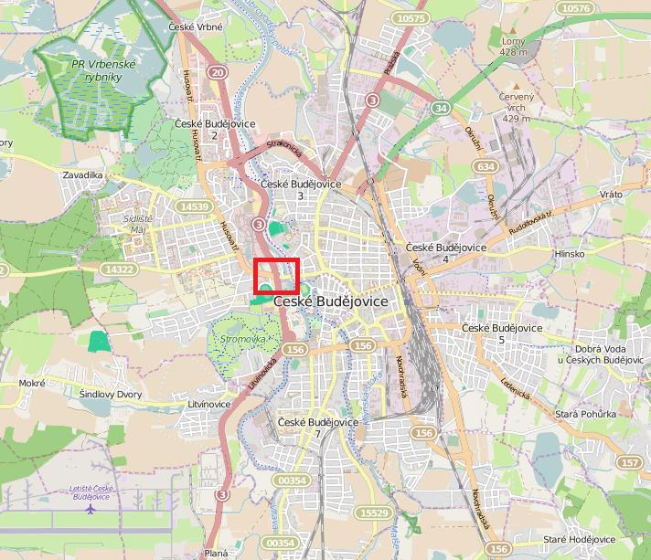 3.2. Současná situace řešené křižovatky 3.2.1. Popis křižovatky a okolí Obrázek č.2. - Mapa Českých Budějovic Křižovatka ulic Na Dlouhé louce a Husova třída se nachází severozápadní směrem od centra