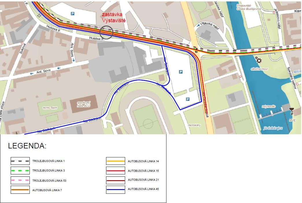 Obrázek č.7. - Mapa vedení linek MHD křižovatkou 3.2.7. Dopravní průzkum Ve čtvrtek 4.12.2014 byl proveden dopravní 4 hodinový průzkum provozu na křižovatce Na Dlouhé louce X Husova třída.