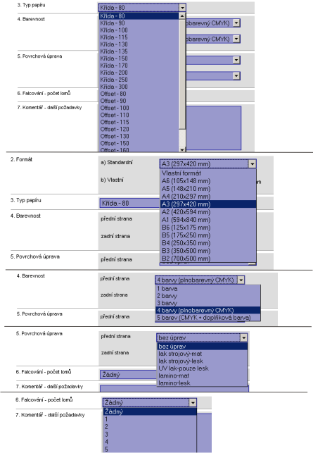 U těchto typů, oproti kalkulaci letáků, přibylo nastavení parametru obálka. Nastavují se tedy parametry samotné obálky i stránek uvnitř.