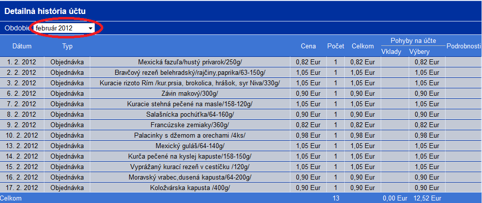 6. Detailná história účtu Detailná história účtu popisuje detailnú históriu účtu za zvolené