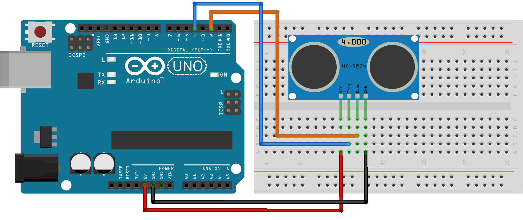 Arduino základní seznámení 07 Měření vzdálenosti Ultrazvukový senzor polohy má čtyři vývody.