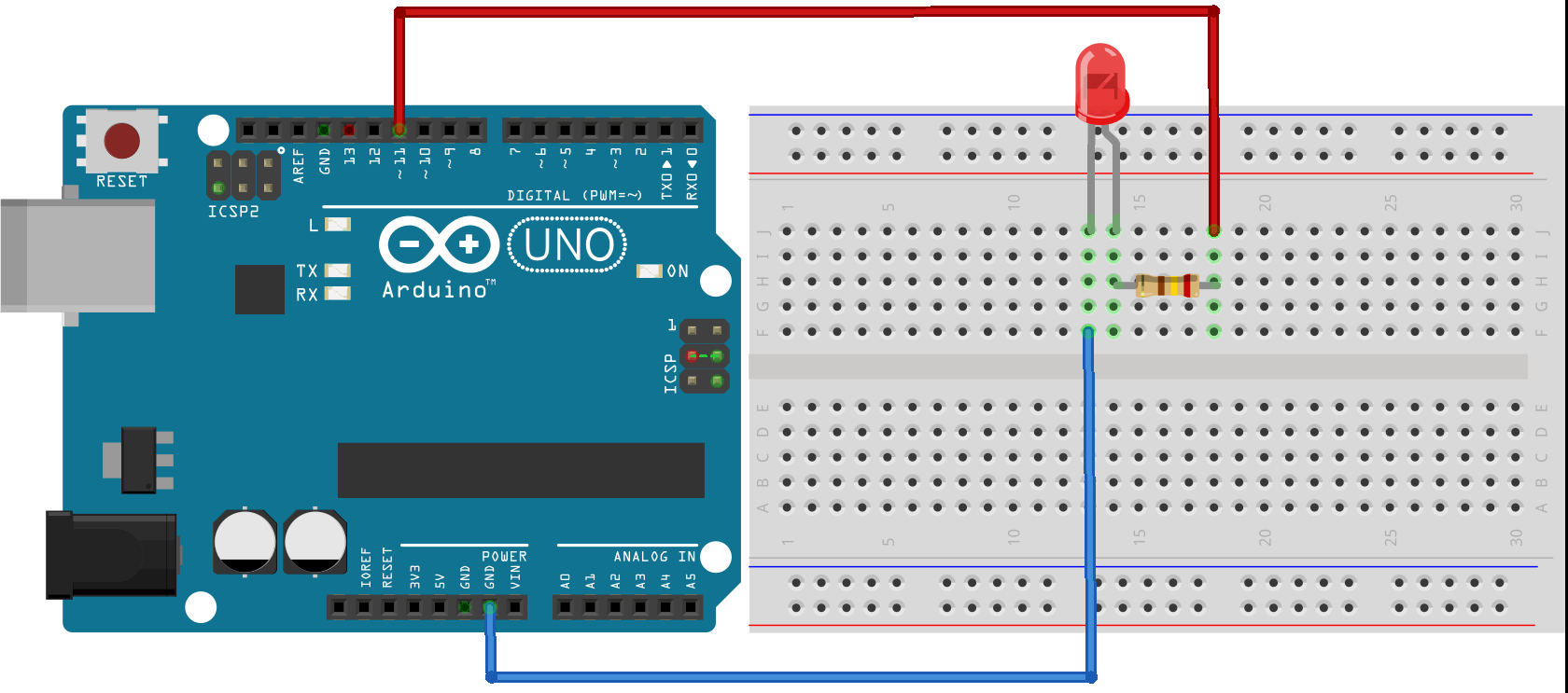 02 Rozsvěcení LED Dioda je připojena k pinu 11, který díky technologii PWM (Pulse-width modulation) umožňuje nastavovat výstupní výkon pinu v 256 krocích (takto vybavené digitální piny jsou na desce