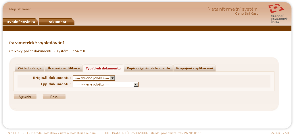 METAINFORMAČNÍ SYSTÉM VERZE 1.7.0 veřejná část uživatelská příručka VYHLEDÁVÁNÍ DOKUMENTŮ 11 obr. 4. Parametrické vyhledávání - typ/druh dokumentu obr. 5.