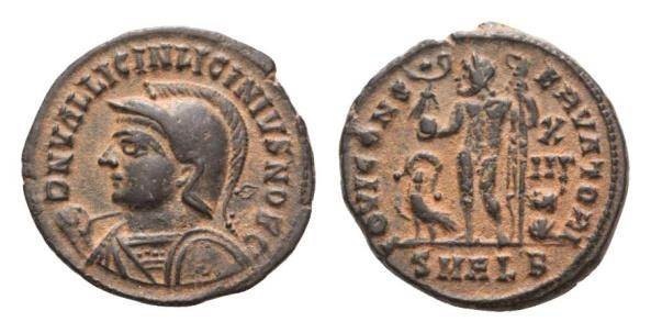 věncem v zobáku, vpravo zajatec zprava, v exergu SMALB, v pravém poli X/IIΓ. RIC VII, 708/30 Ex Roma Numismatics Limited, E-SALE 4 (28. 12. 2013), pol. 929 (<http://www.acsearch.info/images/72/712427.