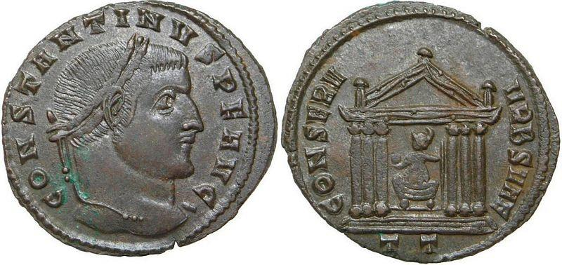 věncem v zobáku, v exergu SIS, v pravém poli Δ. RIC VII, 423/5 (<http://www.constantinethegreatcoins.com/asst2/iovi5.jpeg>, cit. 18/4/2014) 8. Claudius II. (268 270) za Constantina I.