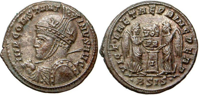 9. Constantinus I. (307 337) follis, 317, Ticinum, 21.4 mm, 3.576 g. Av: IMP CONSTANTINVS PF AVG, ověnčené poprsí v krunýři a plášti zprava.