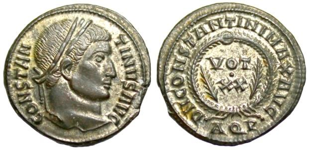 RIC VII, 370/62 (<http://www.forumancientcoins.com/coins2/68299q00.jpg>, cit. 17/4/2014) 10. Constantinus I. (307 337) AE 3, 319, Siscia, 20 mm, 3.5 g.