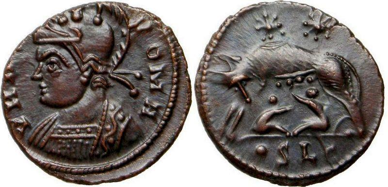 Pamětní ražby Populus romanus AE 4, asi 330, Constantinopol, 1.25 g. Av: POP ROMANVS, ověnčené poprsí v plášti vlevo, s rohem hojnosti opřeným o levé rameno.