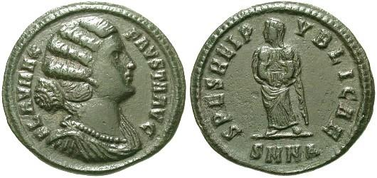 21. Fausta ( 326) AE 3, 324 325, Nicomedia, 19.8 mm, 2.744 g. Av: FLAV MAX FAVSTA AVG, poprsí v plášti s perlovým náhrdelníkem zprava, vlnité vlasy vzadu staženy do drdolu.