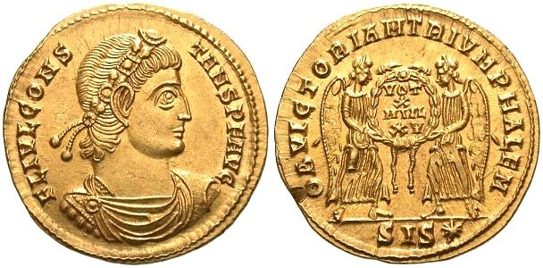 25. Constans (337 350) solidus, 342, Siscia, 20.4 mm, 4.46 g. Av: FL IVL CONS TANS PF AVG, poprsí v krunýři a plášti zprava, s čelenkou zdobenou střídavě vavřínem a rosetami.