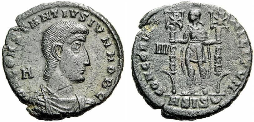 33. Constantius Gallus (351 354) AE 3, 351, Sisicia, 4.27 g. Av: DN CONSTANTIVS IVN NOB C, prostovlasé poprsí v plášti zprava, vlevo v poli A.